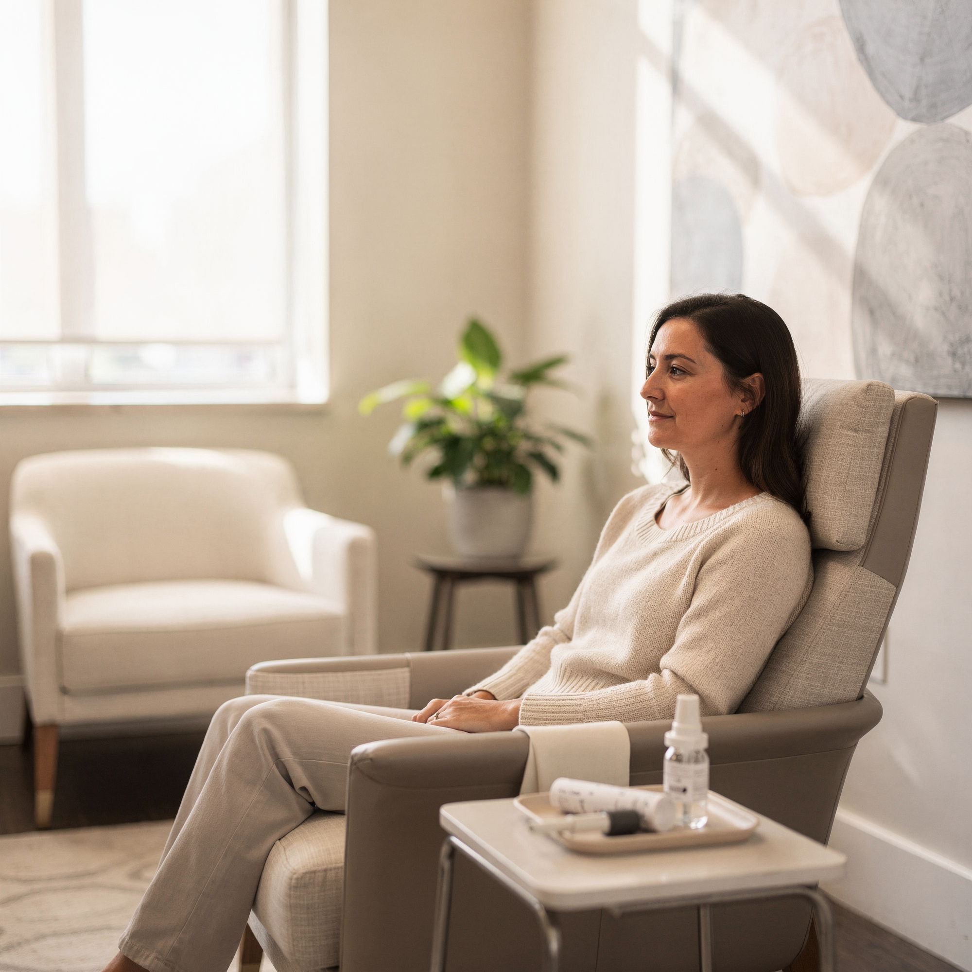 Patient seated in a comfortable clinical chair during Spravato treatment at Neowellnez